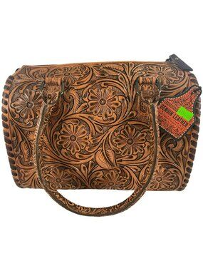 Western Tooled Leather Handbag Cowhide Design Fringe Western Detailing $159 NEW